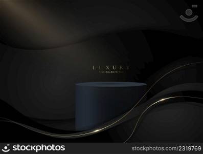 3D realistic dark blue cylinder podium in black curve shape background with golden wave lines and lighting luxury style. You can use for product display, presentation cosmetic, etc. Vector illustration