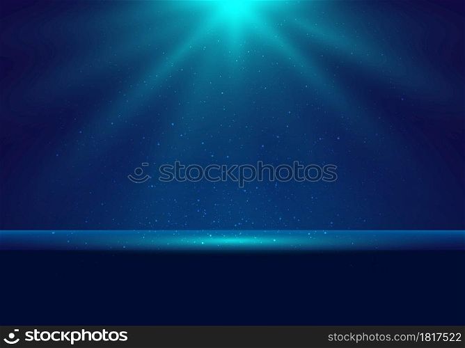 3D realistic dark blue stage with Illuminated lighting and dust scene background for award ceremony, concert, winner place presentation. Vector illustration