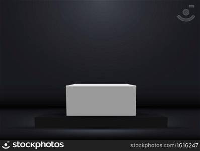 3D realistic dark platform with white empty pedestal for product display showcase or place for presentation. Vector illustration