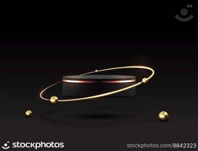 3D realistic elegant black podium platform floting in the air decoration with golden ring and gold ball elements on dark background luxury style. Product display for cosmetic, showroom, showcase, presentation, etc. Vector illustration