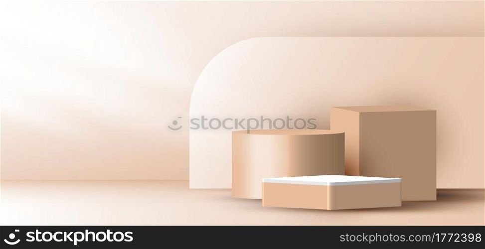 3D realistic elegant brown geometric cylinder, cube on layers rounded backdrop on beige background with lighting. You can use for show cosmetic products, stage romance showcase on pedestal studio room. Vector illustration