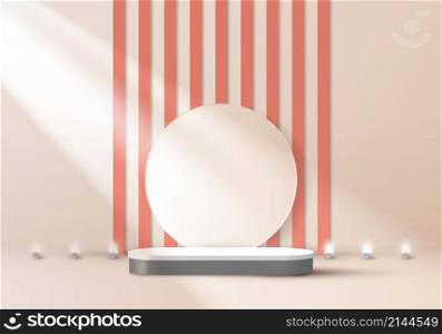 3D realistic elegant display white and gray pedestal podium with battens backdrop and led neon light bulb, light shines from the window studio room background. You can use for show cosmetic products, stage showcase. Vector illustration