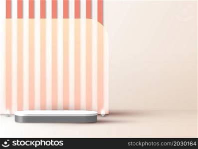 3D realistic elegant display white and gray pedestal podium with battens glass backdrop on beige color studio room background with led neon light bulb. You can use for show cosmetic products, stage showcase. Vector illustration