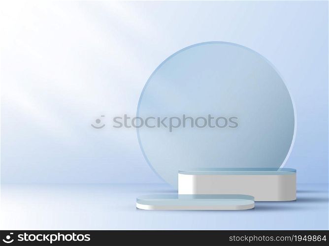 3D realistic elegant display white pedestal podium on top transparency and circle backdrop on soft blue color studio room background with light. You can use for show cosmetic products, stage showcase. Vector illustration