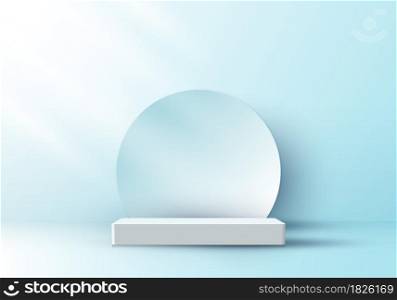 3D realistic elegant display white pedestal podium with circle backdrop on soft blue color studio room background with light. You can use for show cosmetic products, stage showcase. Vector illustration