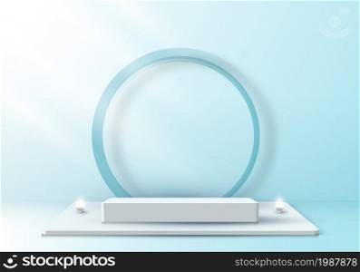 3D realistic elegant display white pedestal podium with circle backdrop on soft blue color studio room background with led neon light bulb. You can use for show cosmetic products, stage showcase. Vector illustration