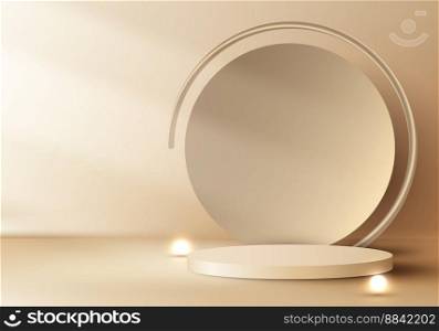 3D realistic elegant gold cylinder podium with circle backdrop decoration lighting ball on golden background luxury minimal style. Product display for cosmetic, showroom, showcase, presentation, etc. Vector illustration