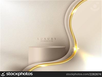 3D realistic elegant template design brown cylinder podium in golden wave curved line elements with lighting effect on beige studio room background luxury style. You can use for product display, presentation cosmetic, etc. Vector illustration
