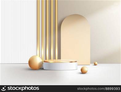 3D realistic elegant white and gold cylinder podium stand decoration golden ball white and gold battens backdrop on clean background luxury minimal style. Product display for cosmetic, showroom, showcase, presentation, etc. Vector illustration