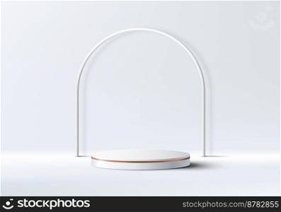 3D realistic elegant white and gold cylinder podium stand with rounded line backdrop on clean scene background luxury minimal style. Product display for cosmetic, showroom, showcase, presentation, etc. Vector illustration