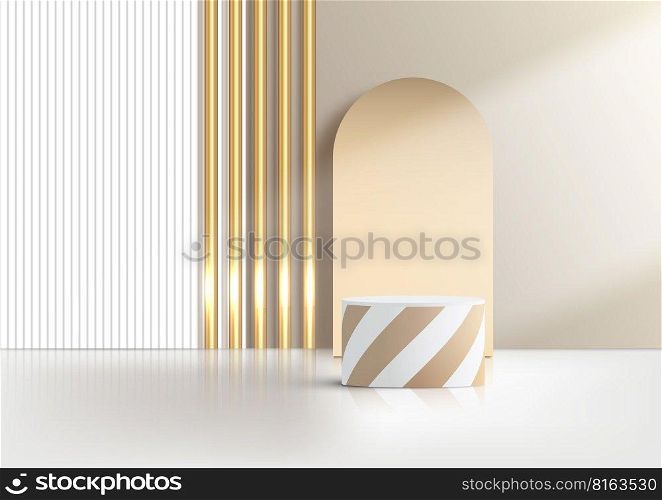 3D realistic elegant white and gold cylinder podium stand with white and golden battens backdrop on clean background luxury minimal style. Product display for cosmetic, showroom, showcase, presentation, etc. Vector illustration