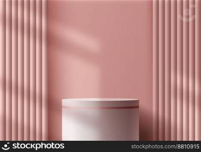 3D realistic elegant white podium stand pedestal with window lighting on pink curtain background. You can use for luxury products display presentation, cosmetic display mockup, showcase, valentine day, etc. Vector illustration