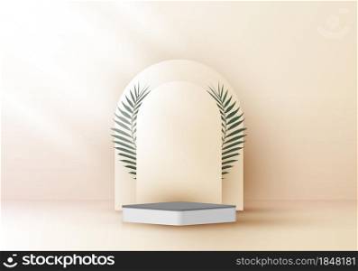 3D realistic elegant white square layers rounded backdrop with tropical palm leaves on beige background. You can use for show cosmetic products, stage natural showcase on pedestal studio room. Vector illustration