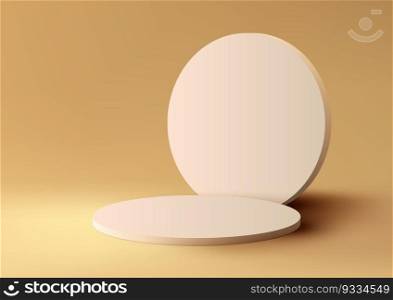 3D realistic empty beige podium platform stand with circle backdrop on yellow background with natural light. Product display mockup for beauty cosmetic, showroom, showcase, presentation, etc. Vector illustration