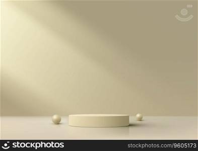 3D realistic empty beige podium stand on beige color background decoration with sphere balls. Vector illustration