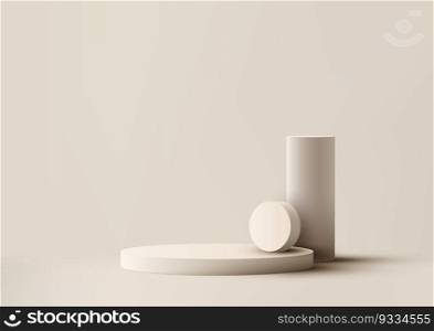 3D realistic empty beige podium stand with geometric elements on light brown background and natural lighting minimal style. You can use for beauty cosmetic presentation, showcase mockup, showroom, product stand promotion, etc. Vector illustration