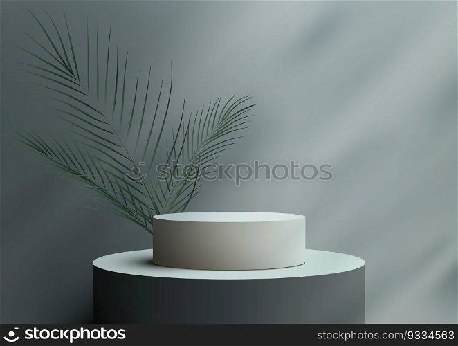 3D realistic empty black and white podium platform stand decoration with green palm leaf on gray background natural lighting. Display for spa and beauty, cosmetic product presentation showcase, mockup stage, cosmetic product display. Vector illustration