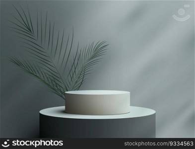 3D realistic empty black and white podium platform stand decoration with green palm leaf on gray background natural lighting. Display for spa and beauty, cosmetic product presentation showcase, mockup stage, cosmetic product display. Vector illustration