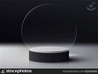3D realistic empty black and white podium platform with circle transparent glass backdrop on dark background minimal style . You can use for beauty cosmetic presentation, showcase mockup, showroom, product stand promotion, etc. Vector illustration