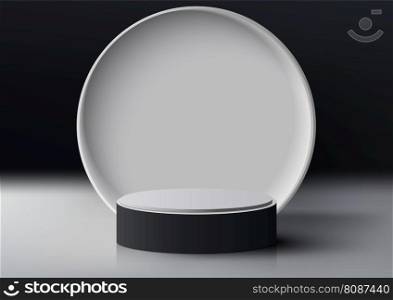 3D realistic empty black and white podium platform with white circle backdrop on dark background modern style. You can use for beauty cosmetic presentation, showcase mockup, showroom, product stand promotion, etc. Vector illustration