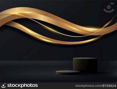 3D realistic empty black cylinder podium stand decoration with abstract elegant 3D golden wave lines shapes on dark background luxury style with lighting effect. You can use for studio room elegant wall scene, mockup advertising product display, showroom, showcase. Vector illustration