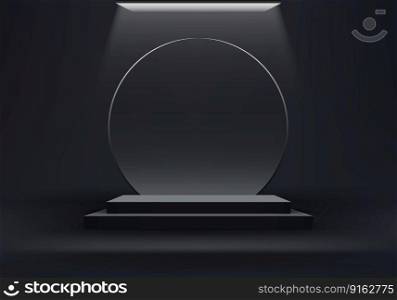 3D realistic empty black podium pedestal box stand withˆ≤transparent glass on minimal wall sce≠dark background with ceiling light. Product display for cosmetic, showroom, showcase, presentation, etc. Vector illustration
