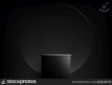 3D realistic empty black podium platform with geometric circle transparent glass backdrop on dark background minimal style . You can use for beauty cosmetic presentation, showcase mockup, showroom, product stand promotion, etc. Vector illustration