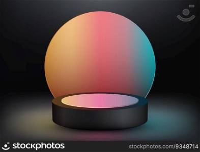 3D realistic empty black podium stand with colorful circle backdrop on black background modern style. Use for product display presentation, cosmetic display mockup, showcase, media banner, etc. Vector illustration