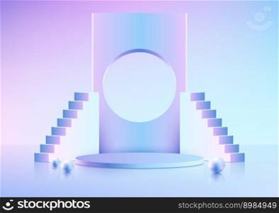 3D realistic empty blue and pink podium pedestal stand with circle backdrop decoration ladder stand object, balls elements on minimal wall scene background. You can use for product business success presentation, cosmetic display beauty mockup, showcase, etc. Vector illustration