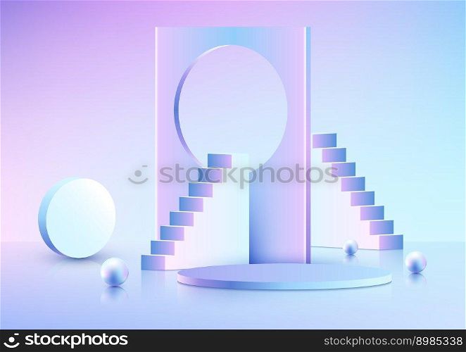 3D realistic empty blue and pink podium pedestal stand with circle backdrop decoration ladder stand object, balls elements on minimal wall scene background. You can use for product business success presentation, cosmetic display beauty mockup, showcase, etc. Vector illustration