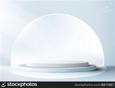 3D realistic empty blue and white podium cylinder shape product display with circle backdrop and lighting on minimal wall scene soft blue background. You can use for cosmetic mockup presentation, promotion sale and marketing, etc, Vector illustration