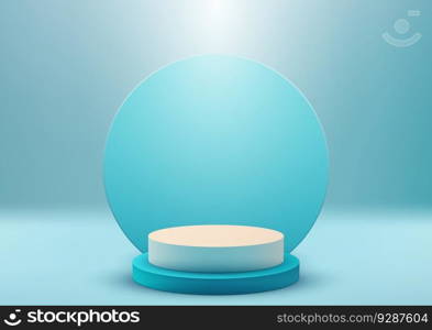 3D realistic empty blue and white podium steps stand with blue circle backdrop minimal wall scene on blue background. You can use for product display presentation, cosmetic display mockup, showcase, media banner, etc. Vector illustration