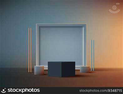 3D realistic empty blue box podium stand with geometric square backdrop on blue background. Use for presentation, cosmetic product display beauty mockup, showcase, etc. Vector illustration