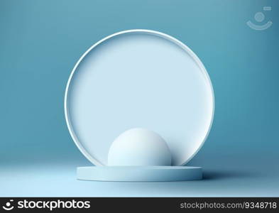 3D realistic empty blue podium stand with white circle backdrop minimal wall scene on blue background. Use for product display presentation, cosmetic display mockup, showcase, media banner, etc. Vector illustration