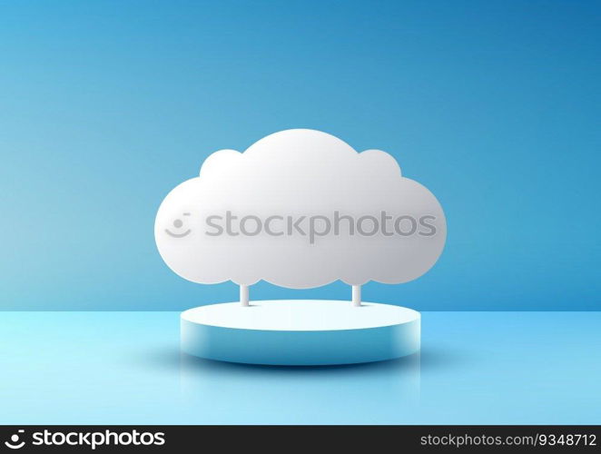 3D realistic empty blue podium with white cloud paper backdrop on blue sky background. Use for product display presentation mockup, beauty cosmetic, showcase, etc. Vector illustration