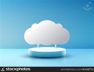 3D realistic empty blue podium with white cloud paper backdrop on blue sky background. Use for product display presentation mockup, beauty cosmetic, showcase, etc. Vector illustration