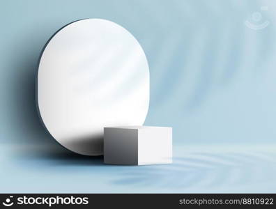3D realistic empty cube white podium pedestal on blue background with oval backdrop, lighting and shadow leaves. You can use for product presentation, cosmetic display mockup, showcase, etc. Vector illustration