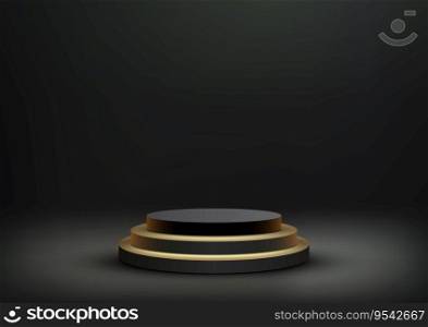 3D realistic empty gold and black cylinder podium stand on dark background modern luxury style. Use for beauty cosmetic presentation, showcase mockup, showroom, product display stand promotion, etc. Vector illustration
