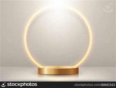 3D realistic empty gold podium stand with glowing golden circle lighting backdrop and glitter on beige background luxury style. Ring backdrop on studio room. You can use for cosmetic mockup presentation, promotion sale and marketing, etc, Vector illustration