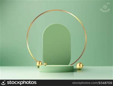 3D realistic empty green pastel podium stand on green background decoration with rounded golden circle backdrop decoration gold sphere balls luxury style. Use for presentation, cosmetic product display beauty mockup, showcase, etc. Vector illustration