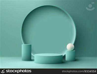 3D realistic empty green podium stand with circle backdrop decoration with geometric elements on green background and natural lighting. You can use for beauty cosmetic presentation, showcase mockup, showroom, product stand promotion, etc. Vector illustration