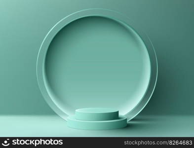 3D realistic empty green podium stand with circle transparent glass backdrop on green background. Product display for beauty cosmetic advertising, mockup product showcase, business presentation, showroom, exhibition, etc. Vector illustration