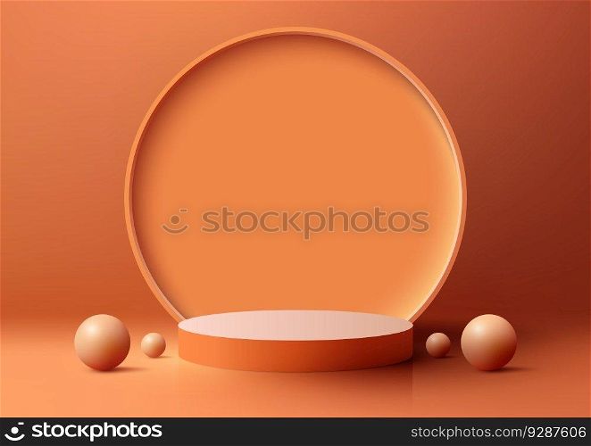 3D realistic empty orange color podium stand with circle backdrop on orange background decoration with sphere balls. You can use for presentation, cosmetic product display beauty mockup, showcase, etc. Vector illustration