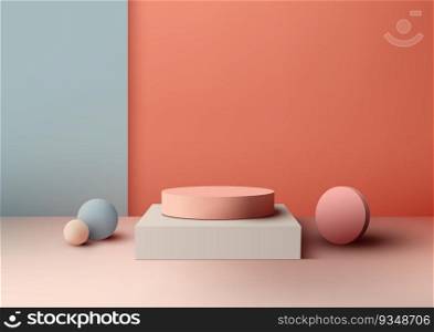 3D realistic empty pastel color podium pedestal stand decoration with circles elements on pastel background. Use for product display presentation, cosmetic display mockup, showcase, media banner, etc. Vector illustration