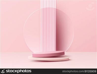 3D realistic empty pink podium pedestal stand with circle transparent glass backdrop minimal wall scene pink background. You can use for product presentation, cosmetic display beauty mockup, showcase, etc. Vector illustration