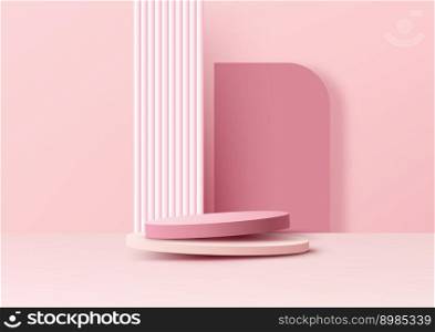 3D realistic empty pink podium pedestal stand with geometric backdrop minimal wall scene background. You can use for product presentation, cosmetic display beauty mockup, showcase, etc. Vector illustration