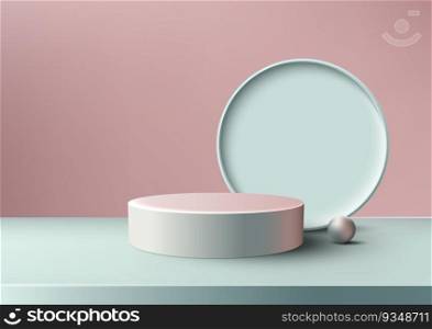 3D realistic empty pink podium stand and blue circle backdrop decoration ball on pink pastel color background. Use for product display presentation, cosmetic display mockup, showcase, media banner, etc. Vector illustration