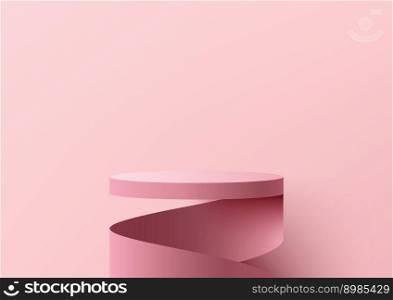 3D realistic empty pink podium stand swirl spiral ribbon minimal wall scene background. You can use for product presentation, cosmetic display beauty mockup, showcase, etc. Vector illustration