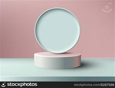 3D realistic empty pink podium stand with blue circle backdrop minimal wall scene on pink pastel color background. You can use for product display presentation, cosmetic display mockup, showcase, media banner, etc. Vector illustration