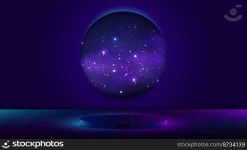 3D realistic empty podium pedestal neon lights colors with world circle blue night space cosmos nebula and shining star magic galaxy scene. Vector illustration